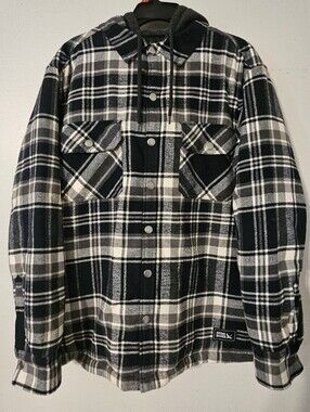 Eddie Bauer Men's Small Black & White Plaid Flannel Hooded Jacket ~ Front Snap